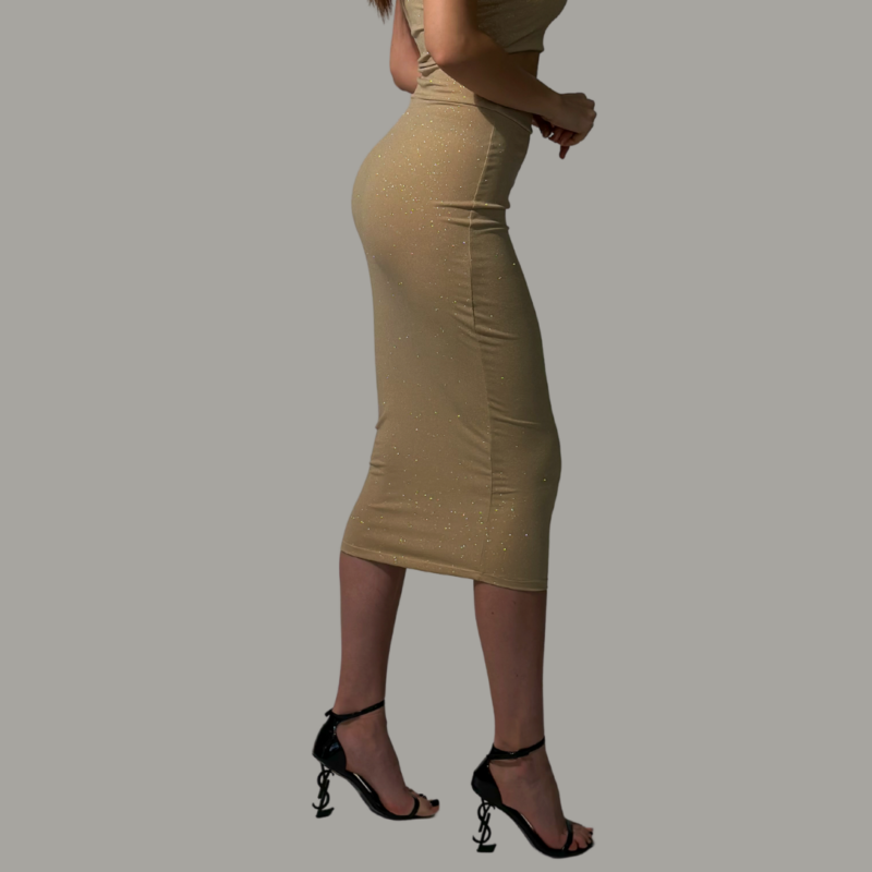 Fusta Dama Medie Eleganta Cu Sclipici Ylona Nude Lycra