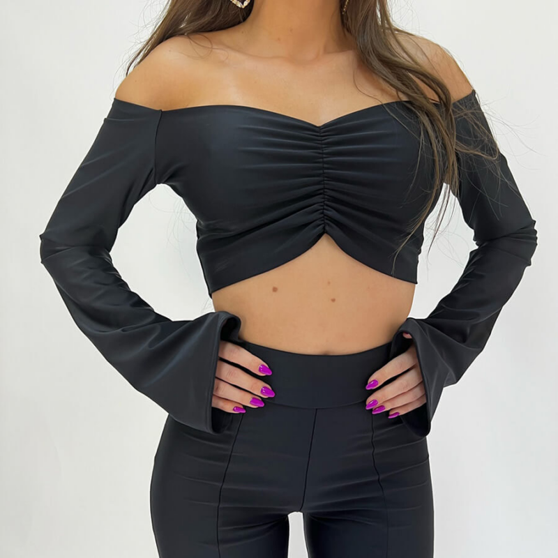 Top Dama Cu Umerii Goi Si Maneca Lunga Negru Lycra – Amira