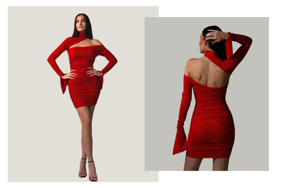 Rochie Dama Eleganta Scurta Maneca Lunga Cu Sclipici Anai Rosie Lycra